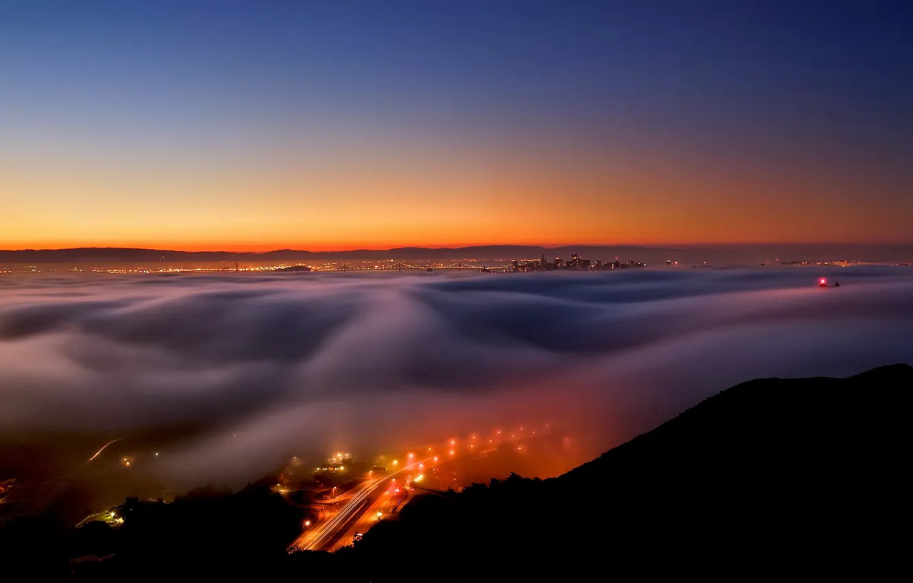 Фото обои пейзаж, ночь, город, туман