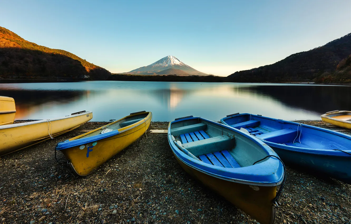 Фото обои Природа, Горы, Озеро, Япония, Лодки, Lake Shōji