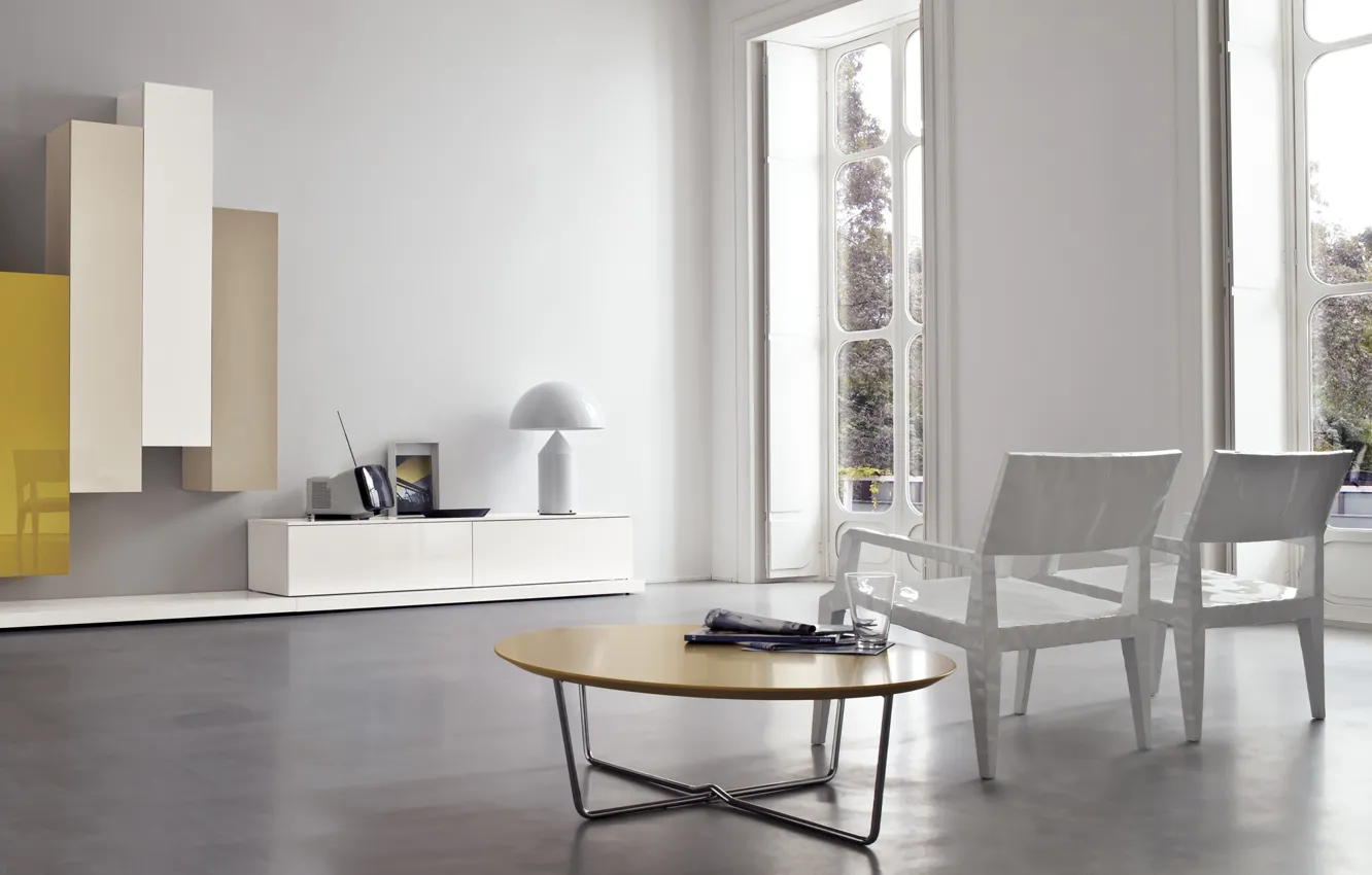 Фото обои белый, желтый, дизайн, стол, мебель, интерьер, кресло, white