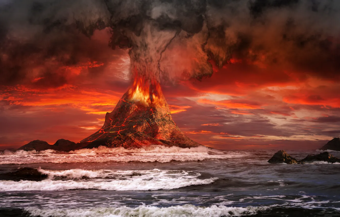 Фото обои red, sea, ocean, mountains, volcano