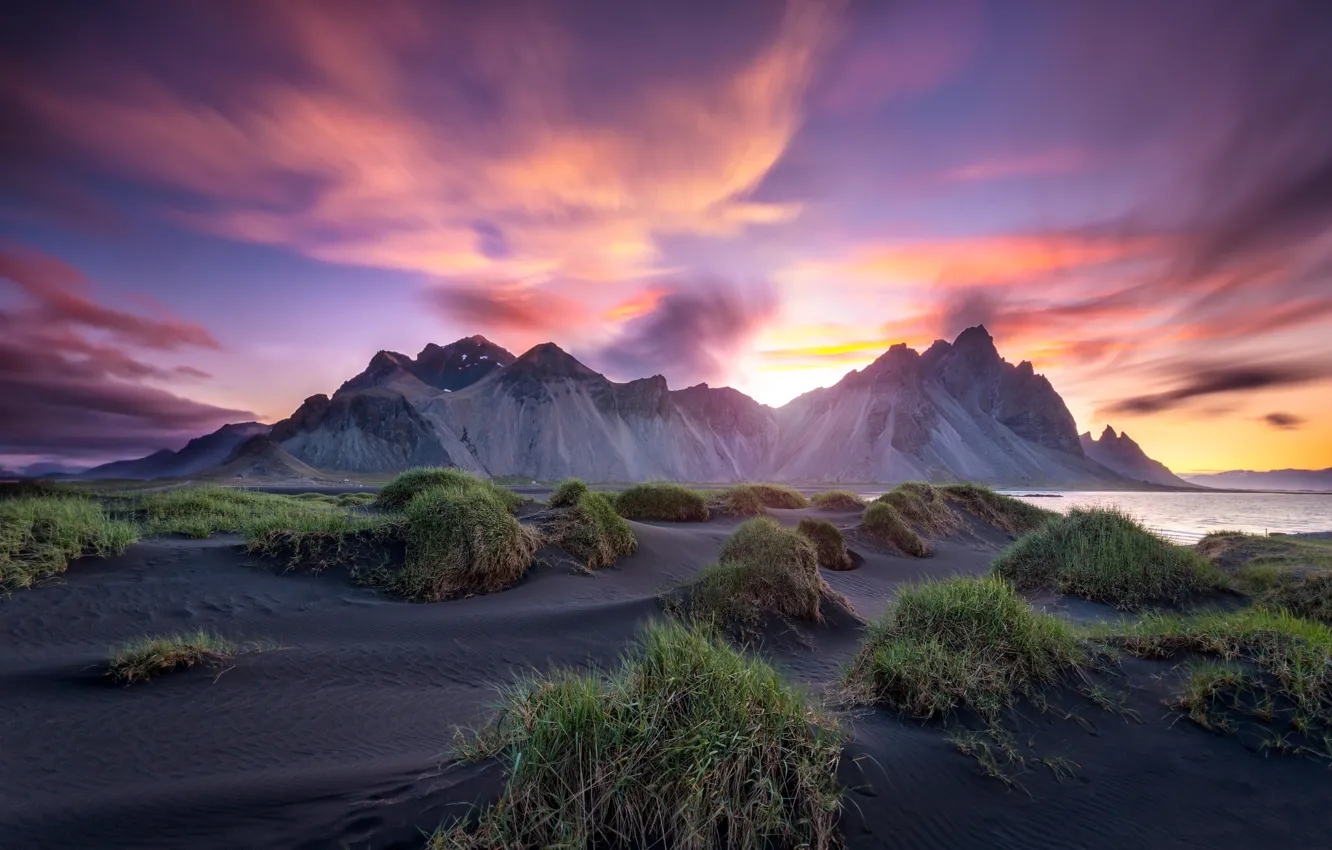 Фото обои пляж, небо, облака, горы, Исландия, Стокнес