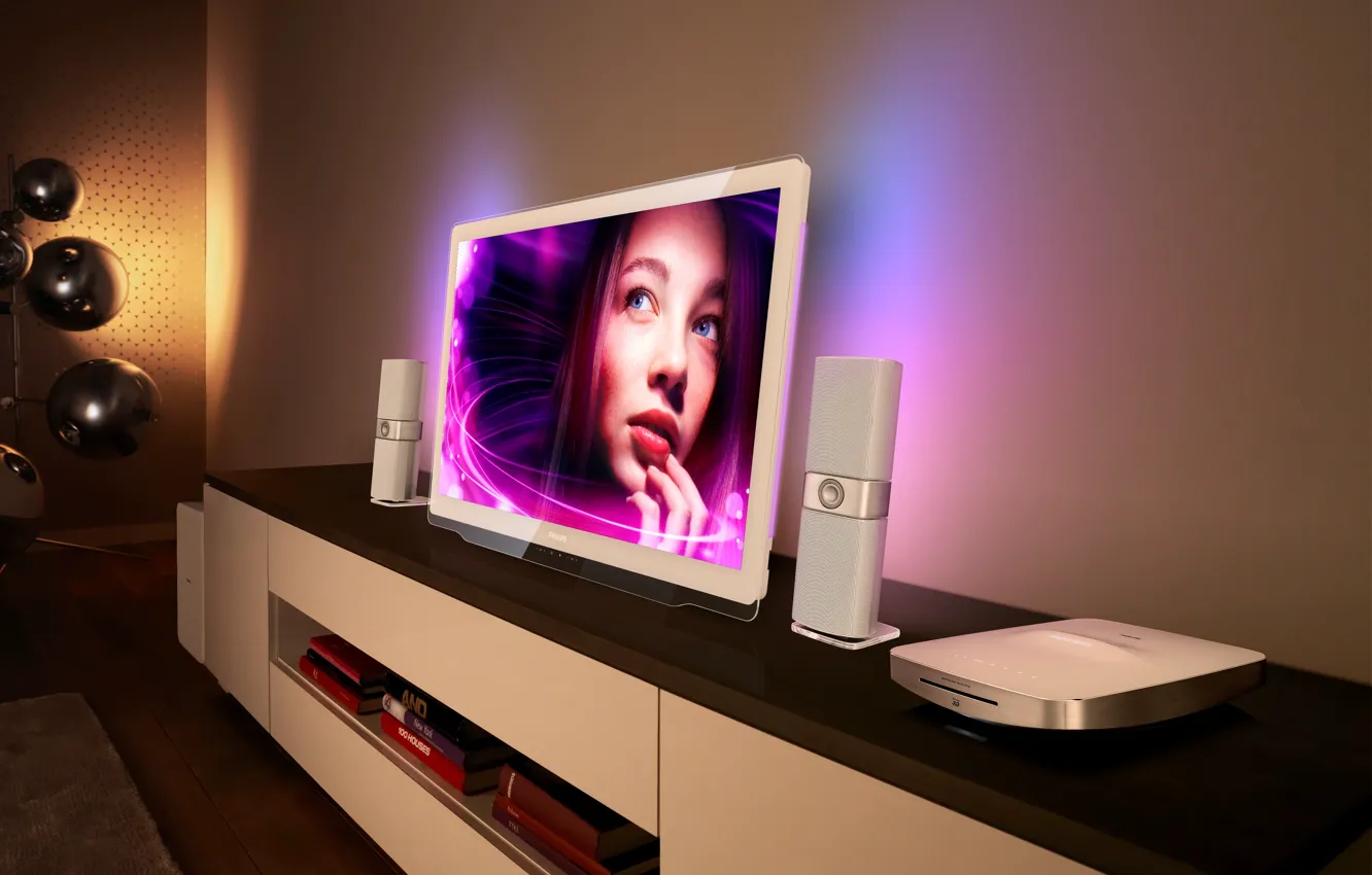 Фото обои девушка, лицо, фон, телевизор, колонки, Philips DesignLine TV