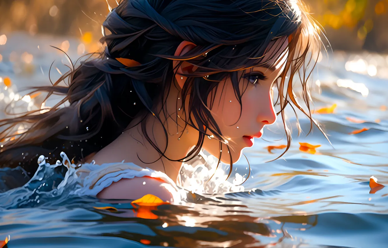 Фото обои крупный план, брюнетка, красивая девушка, в воде, digital art, цифровое искусство, ИИ арт, Stable Diffusion