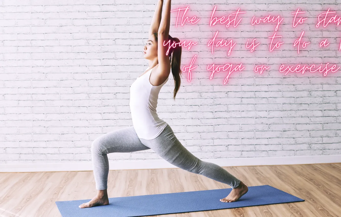 Фото обои Sunny, Yoga, Side view, White bricks wall, Warrior pose, Fit Girl doing yoga