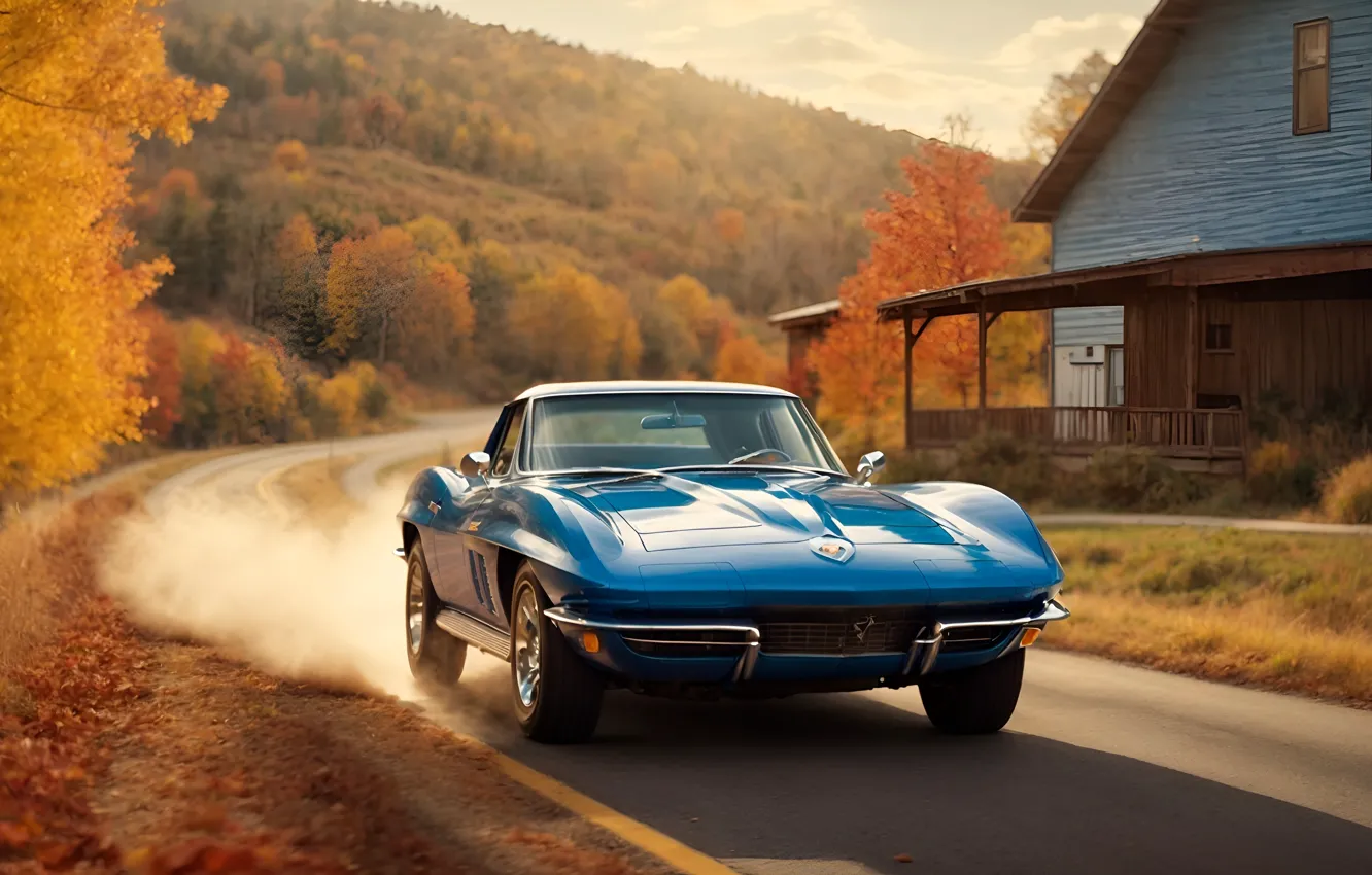 Фото обои 1965, canada, musclecar, american car, autumn forest, corvette stingray, indian summer, contryside