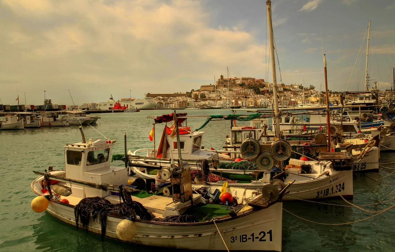 Фото обои порт, Испания, гавань, Spain, Ibiza, Balearic Islands, баркасы, Ивиса