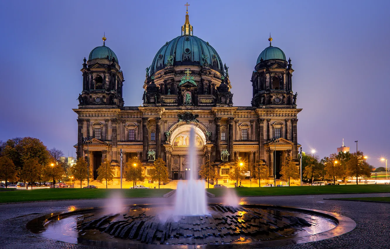 Фото обои вечер, Германия, фонтан, Germany, Берлин, Berlin, Берлинский кафедральный собор, Berliner Dom