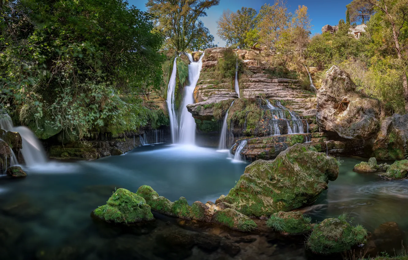 Фото обои деревья, река, камни, Франция, мох, водопады, каскад, France