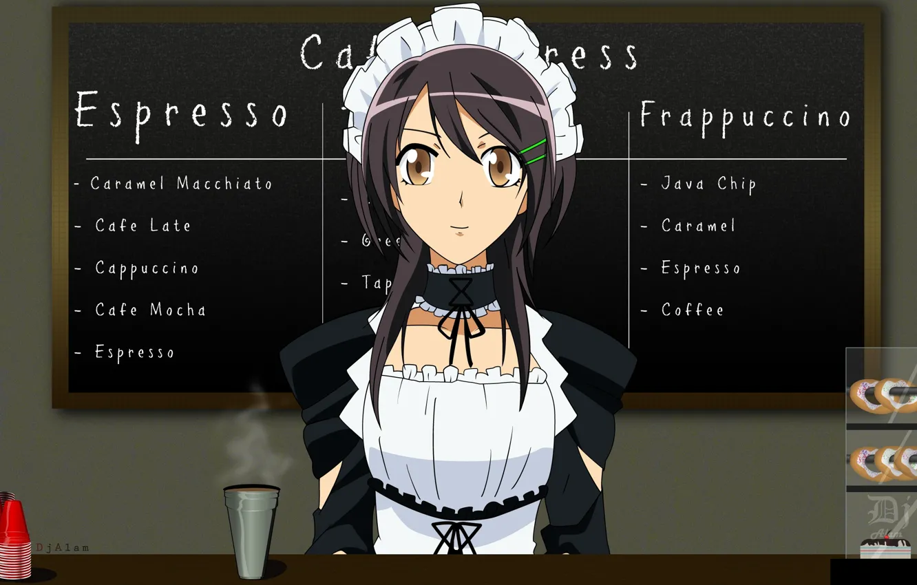 Фото обои кафе, доска, униформа, меню, горничная, выпечка, Ayuzawa Misaki, стаканчики