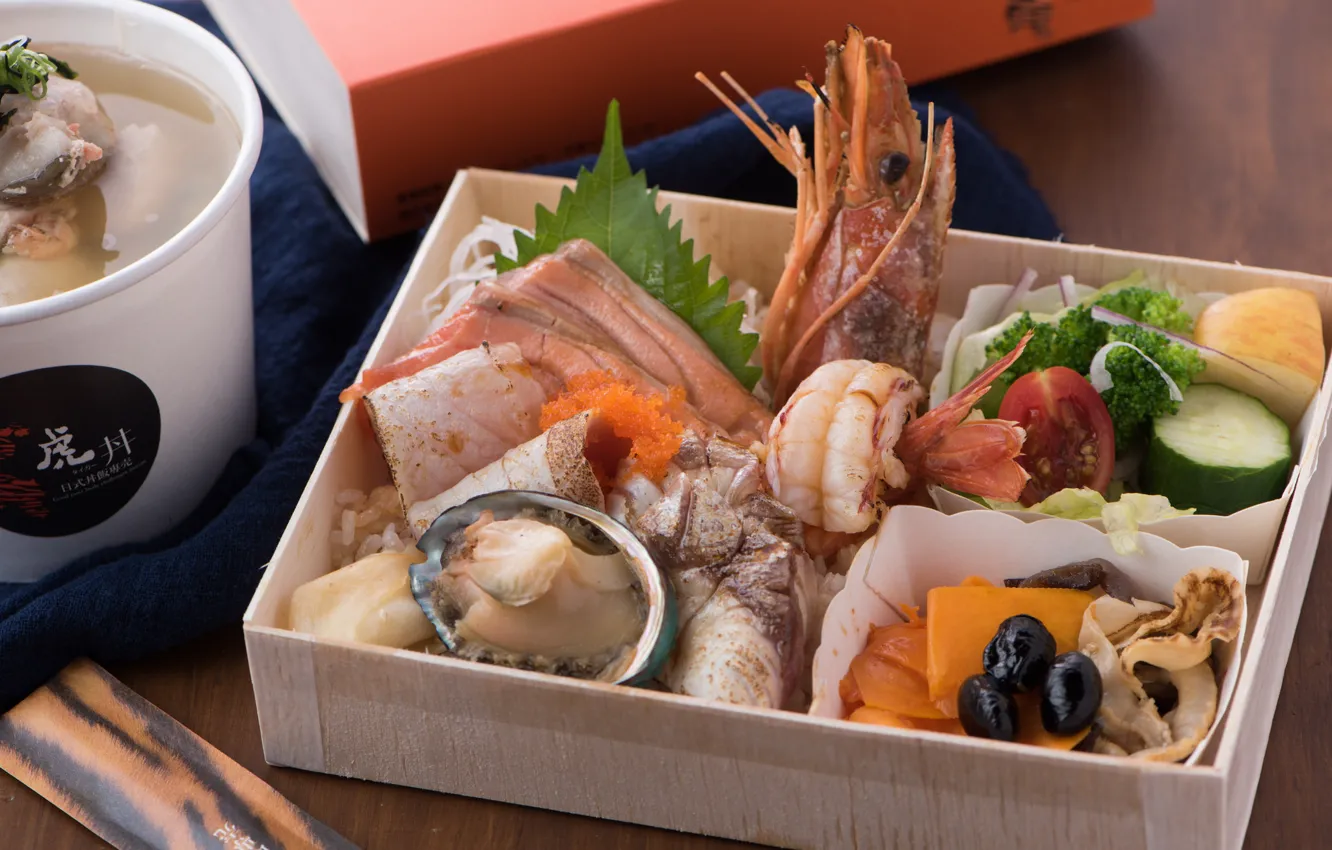 Фото обои рыба, овощи, креветки, морепродукты, ассорти