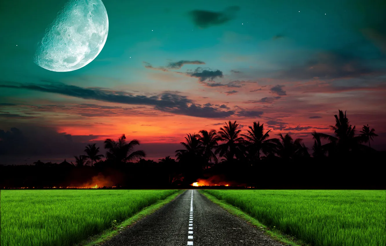Фото обои дорога, небо, трава, звезды, закат, ночь, луна