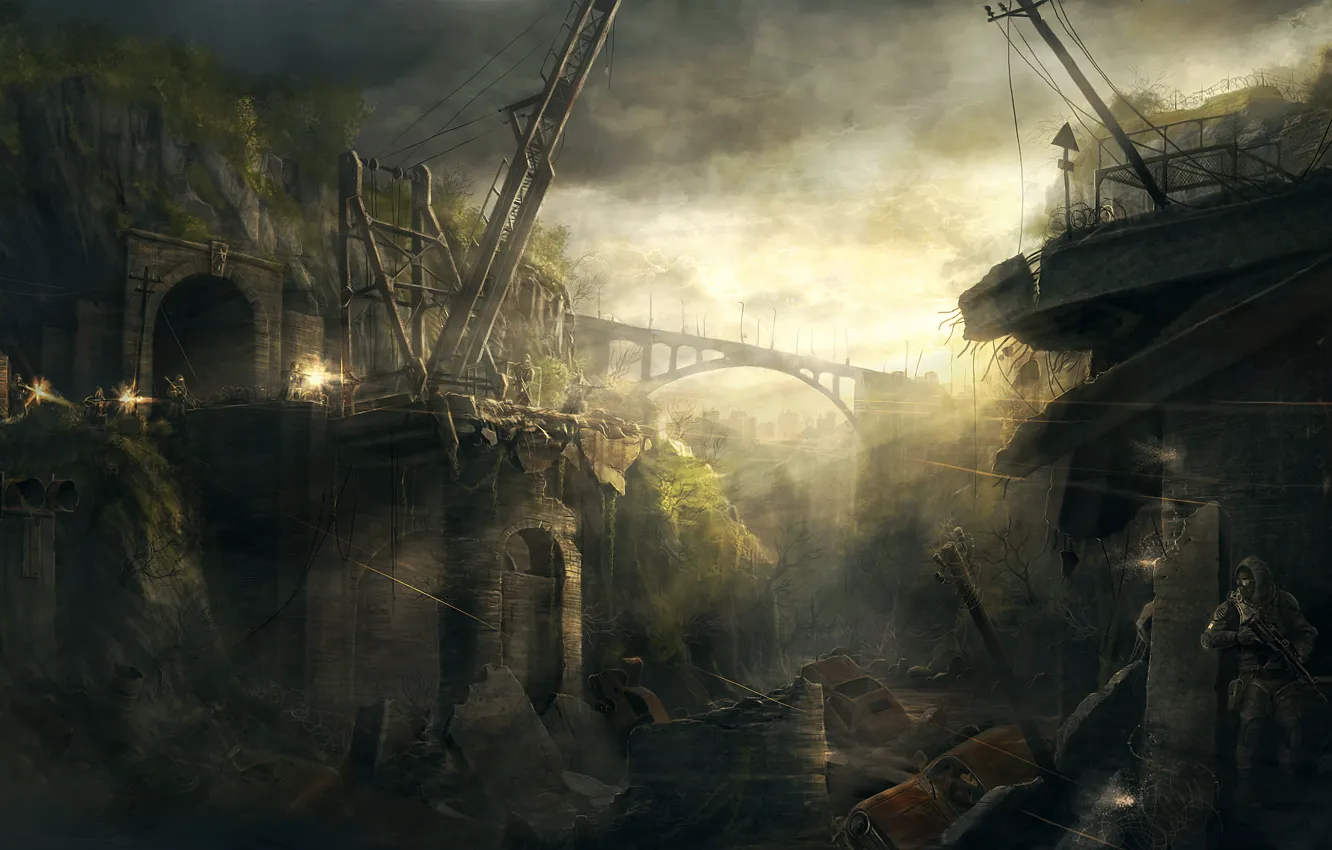 Фото обои мост, кран, туннель, бандиты, сталкер, пальба, S.T.A.L.K.E.R. река, в лиманск