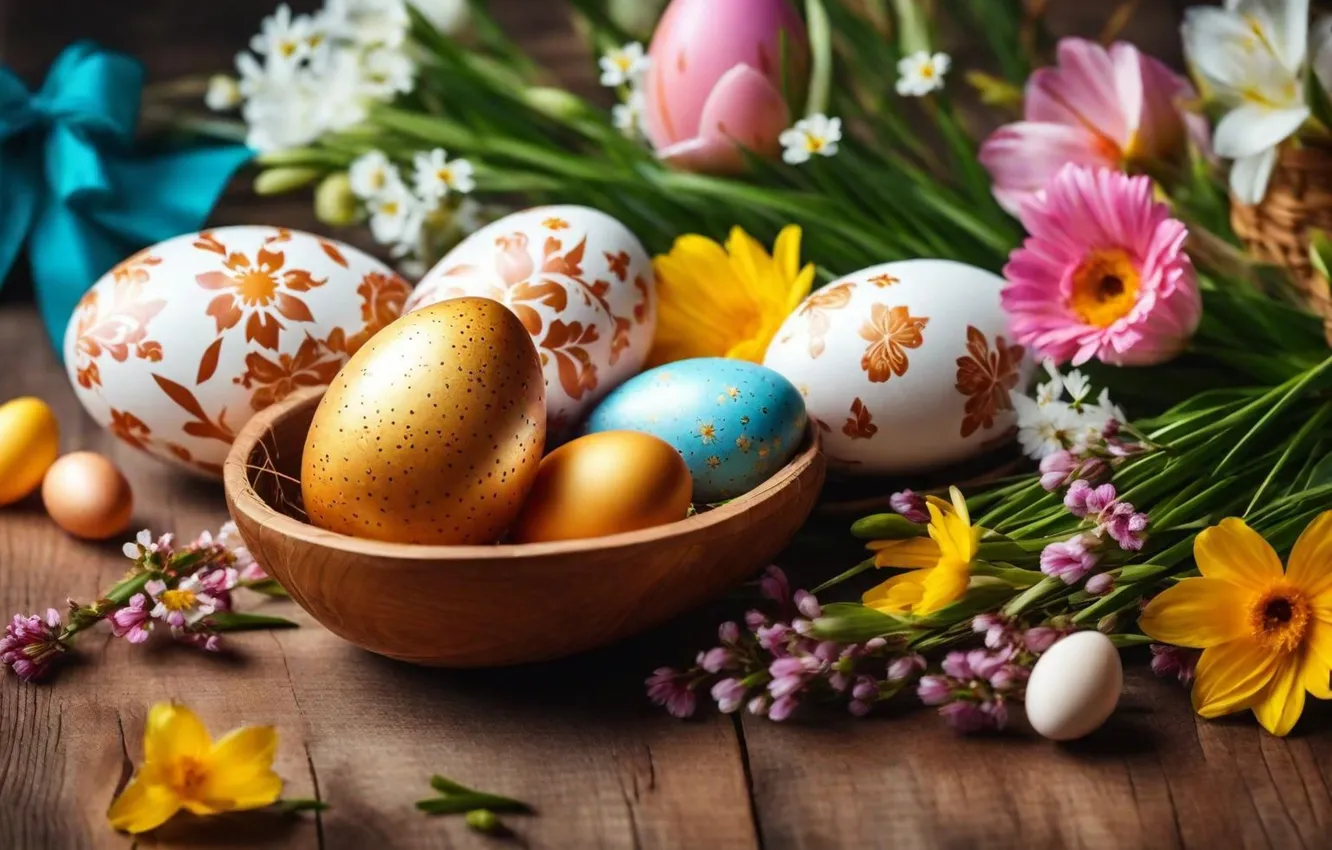 Фото обои цветы, яйца, весна, colorful, Пасха, happy, flowers, spring