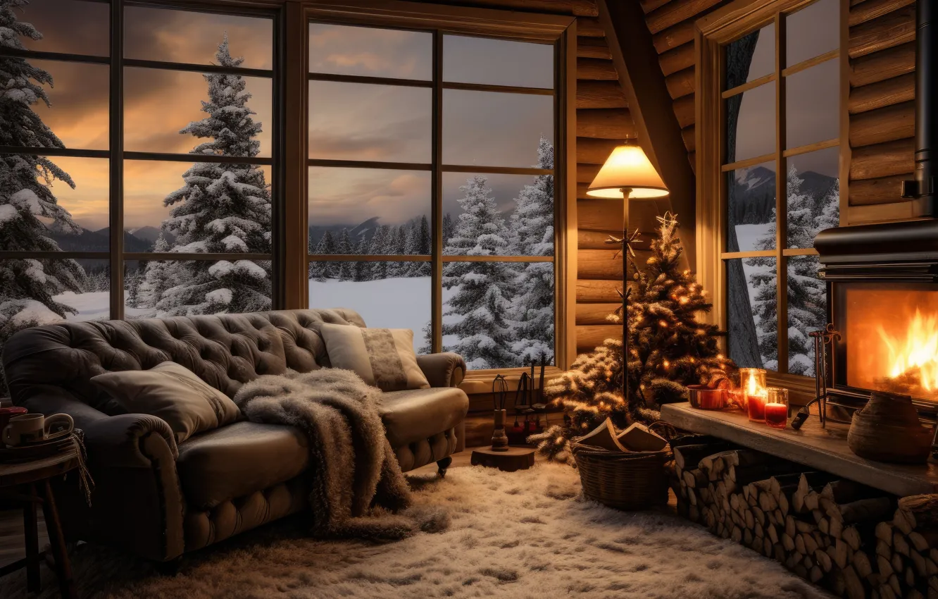 Фото обои зима, снег, украшения, комната, диван, шары, елка, интерьер