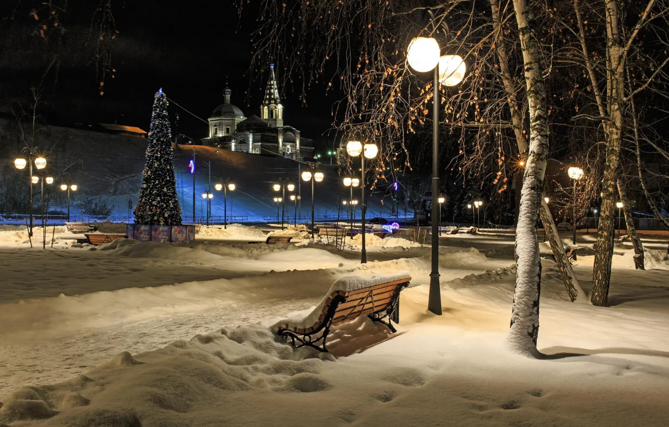 Фото обои зима, снег, пейзаж, ночь, город, парк, новый год, освещение