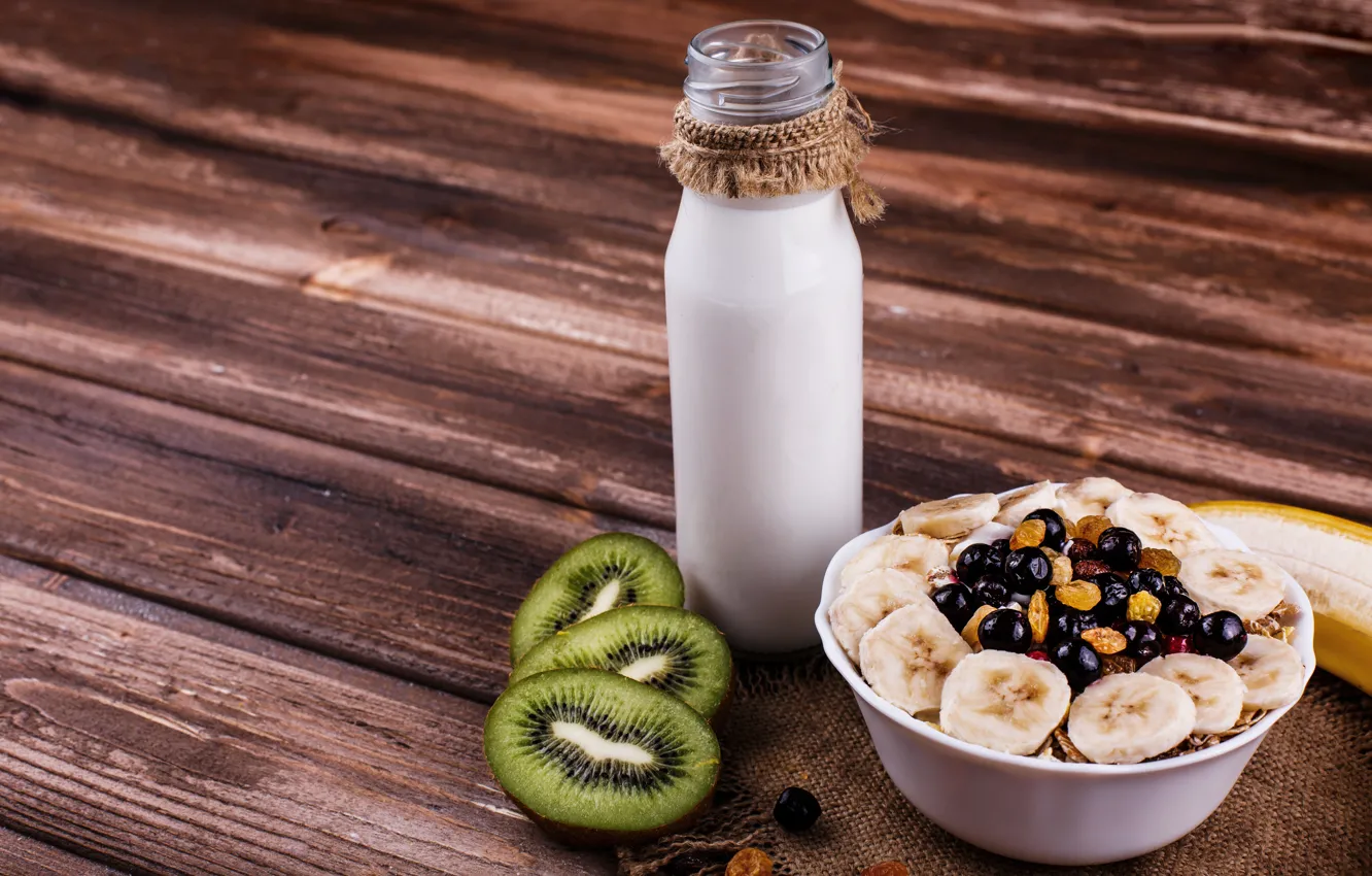 Фото обои бутылка, завтрак, молоко, фрукты, wood, nuts, breakfast, milk