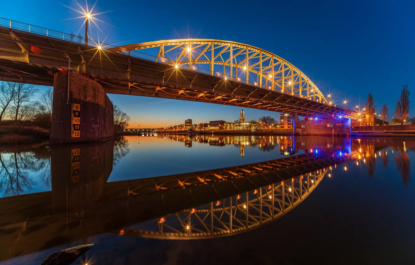 Фото обои мост, отражение, река, Нидерланды, ночной город, иллюминация, Netherlands, Arnhem