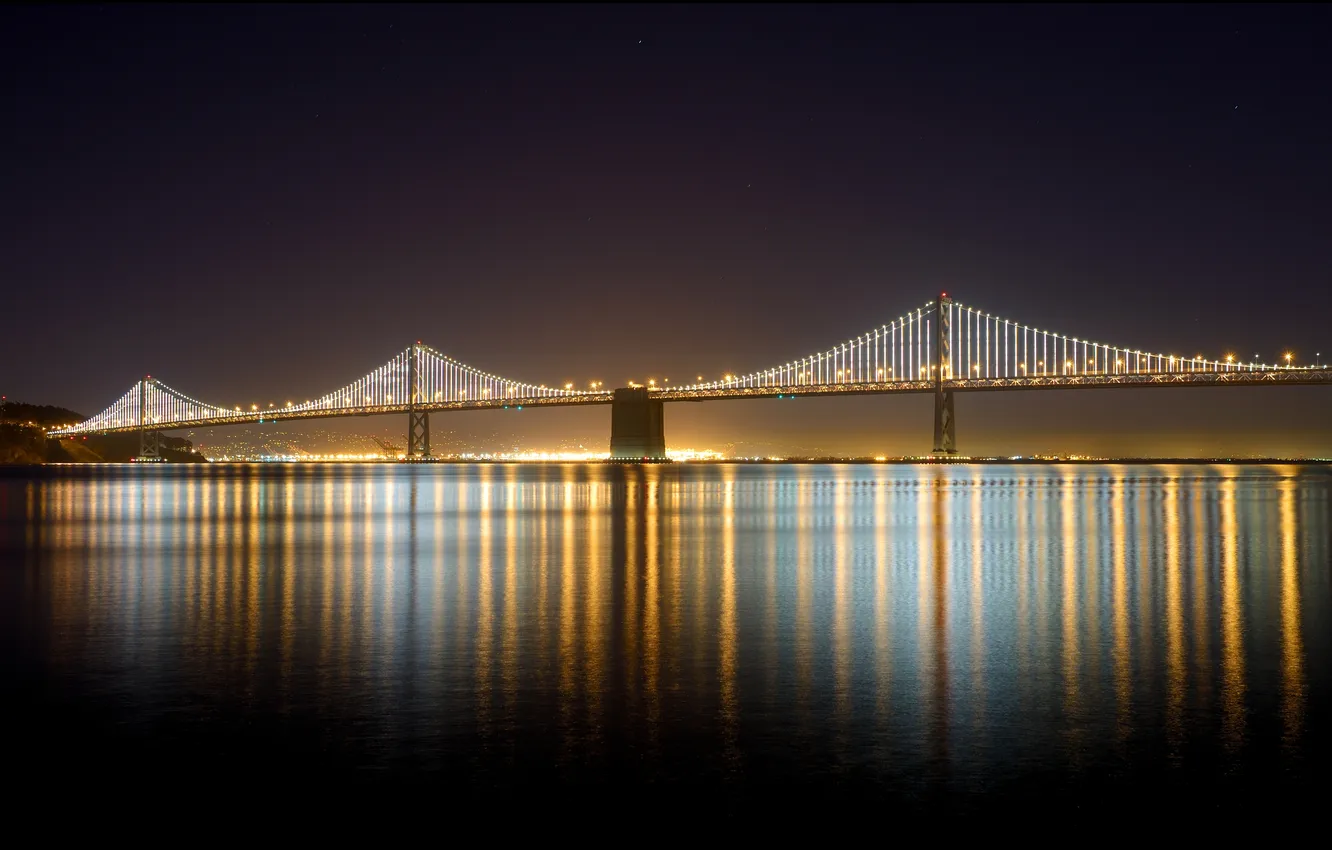 Фото обои вода, свет, ночь, мост, город, отражение, освещение, Калифорния
