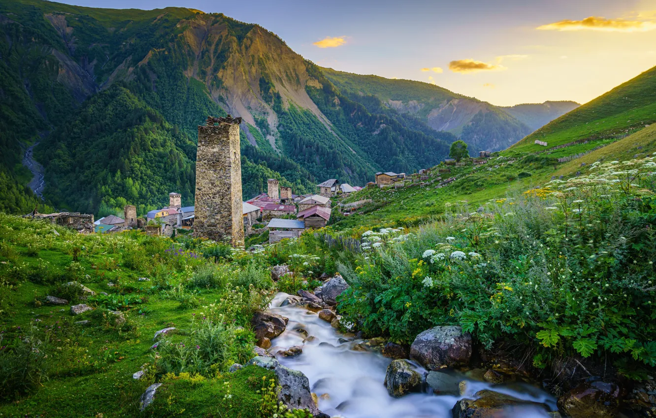 Фото обои ручей, камни, Грузия, Upper Svaneti, Adishi