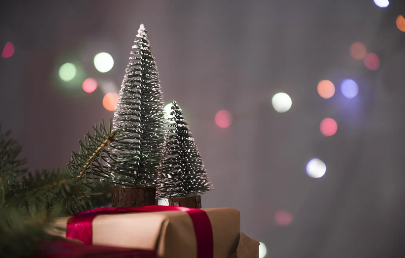 Фото обои праздник, подарок, елки, новый год, декор