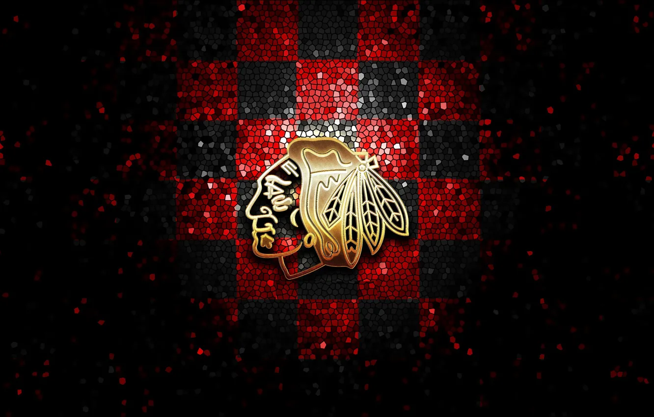 Фото обои wallpaper, sport, logo, NHL, hockey, glitter, checkered, Chicago Blackhawks