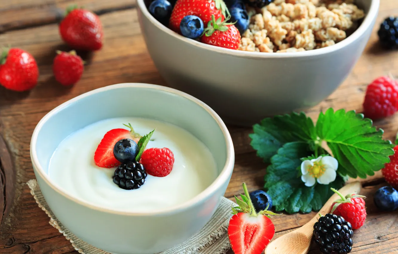 Фото обои ягоды, завтрак, хлопья, йогурт