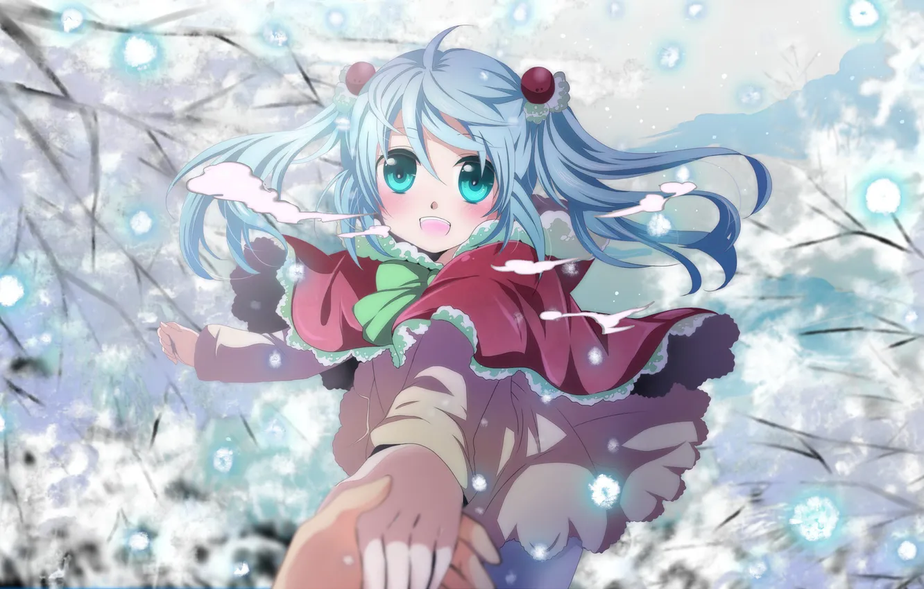 Фото обои холод, зима, девушка, снег, ветви, рука, арт, Hatsune Miku