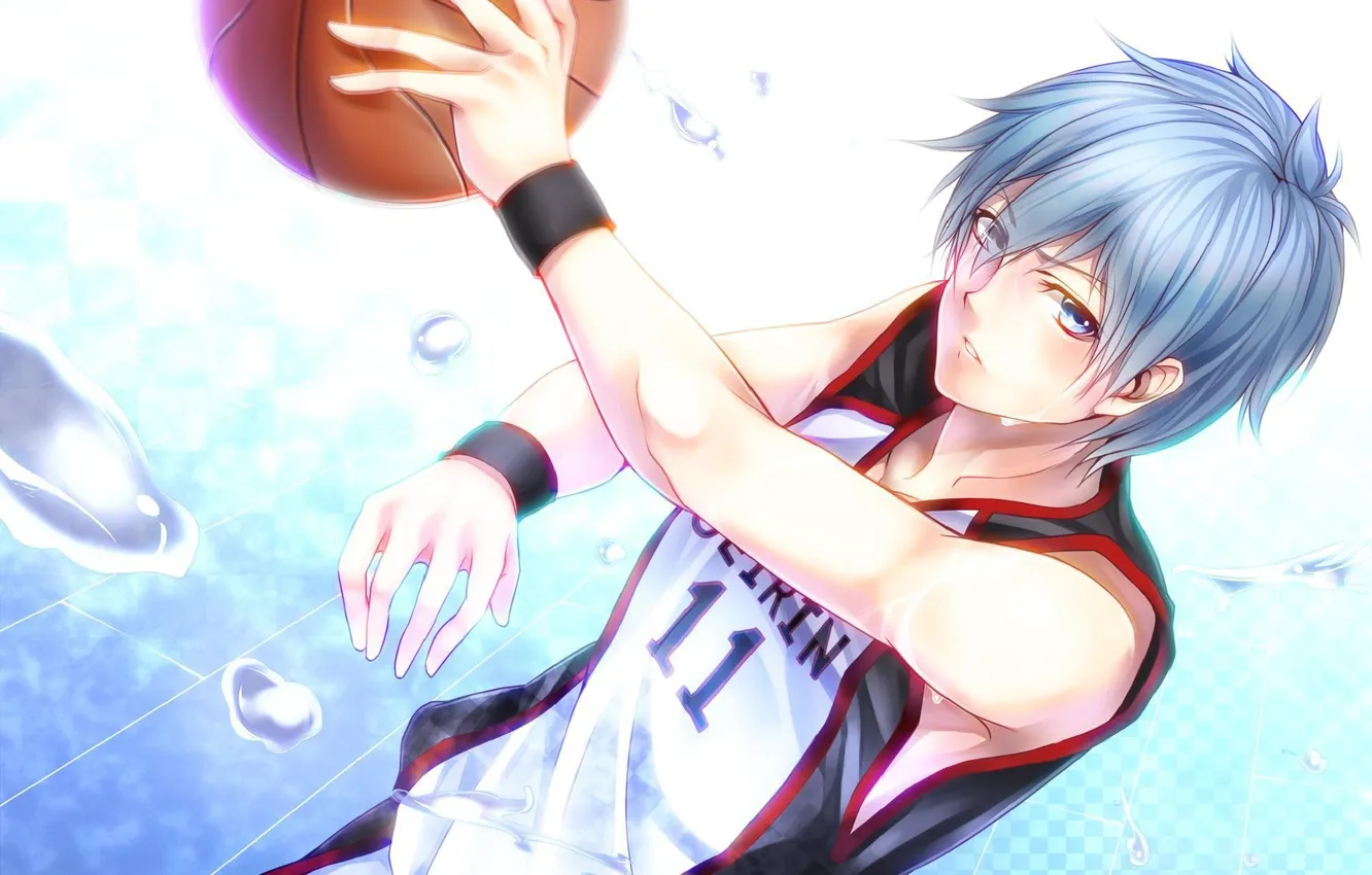 Фото обои мяч, капля, спортсмен, голубые глаза, игрок, баскетболист, напульсник, Kuroko Tetsuya