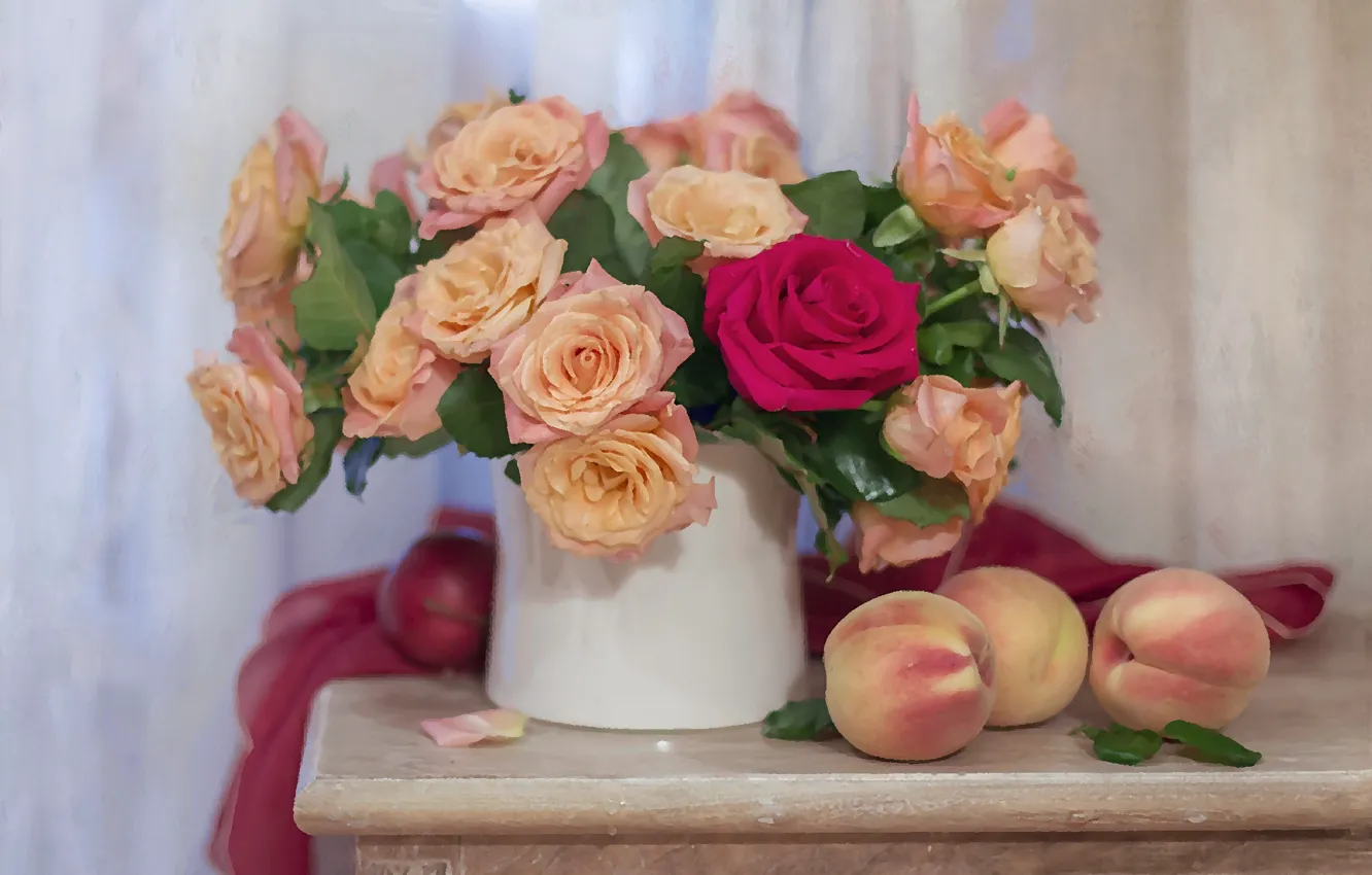 Фото обои цветы, розы, букет, фрукты, персики, композиция