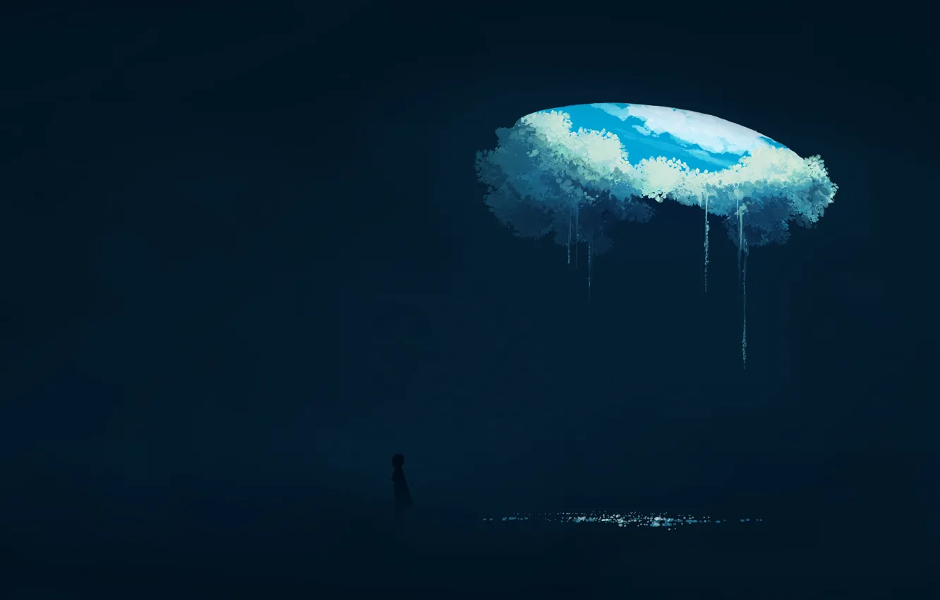 Фото обои дыра, девочка, под землей, облачное небо
