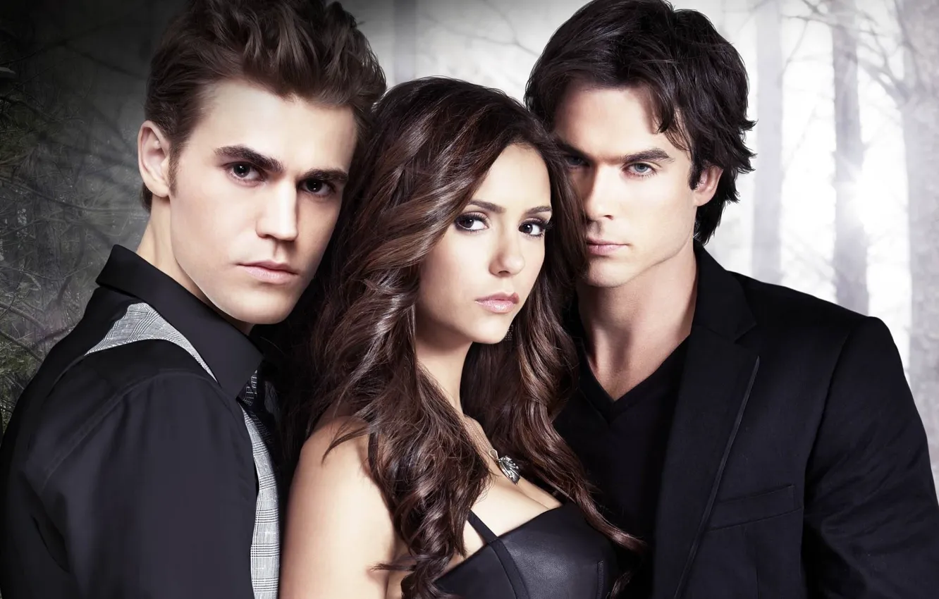 Фото обои сериал, Nina Dobrev, Нина Добрев, The Vampire Diaries, дневники вампира, Ian Somerhalder, стефан, елена