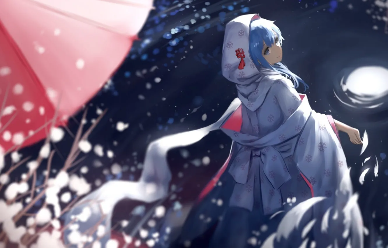 Фото обои ночь, сияние, зонт, капюшон, vocaloid, Hatsune Miku, японская одежда, отражение в воде