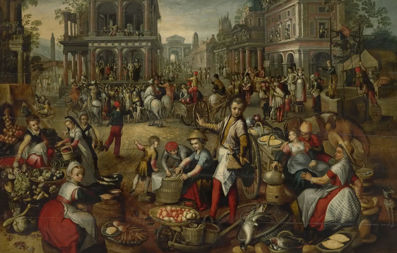 Фото обои масло, картина, Иоахим Бейкелар, Joachim Beuckelaer, Рыночная площадь. На заднем плане Бичевание, 1590