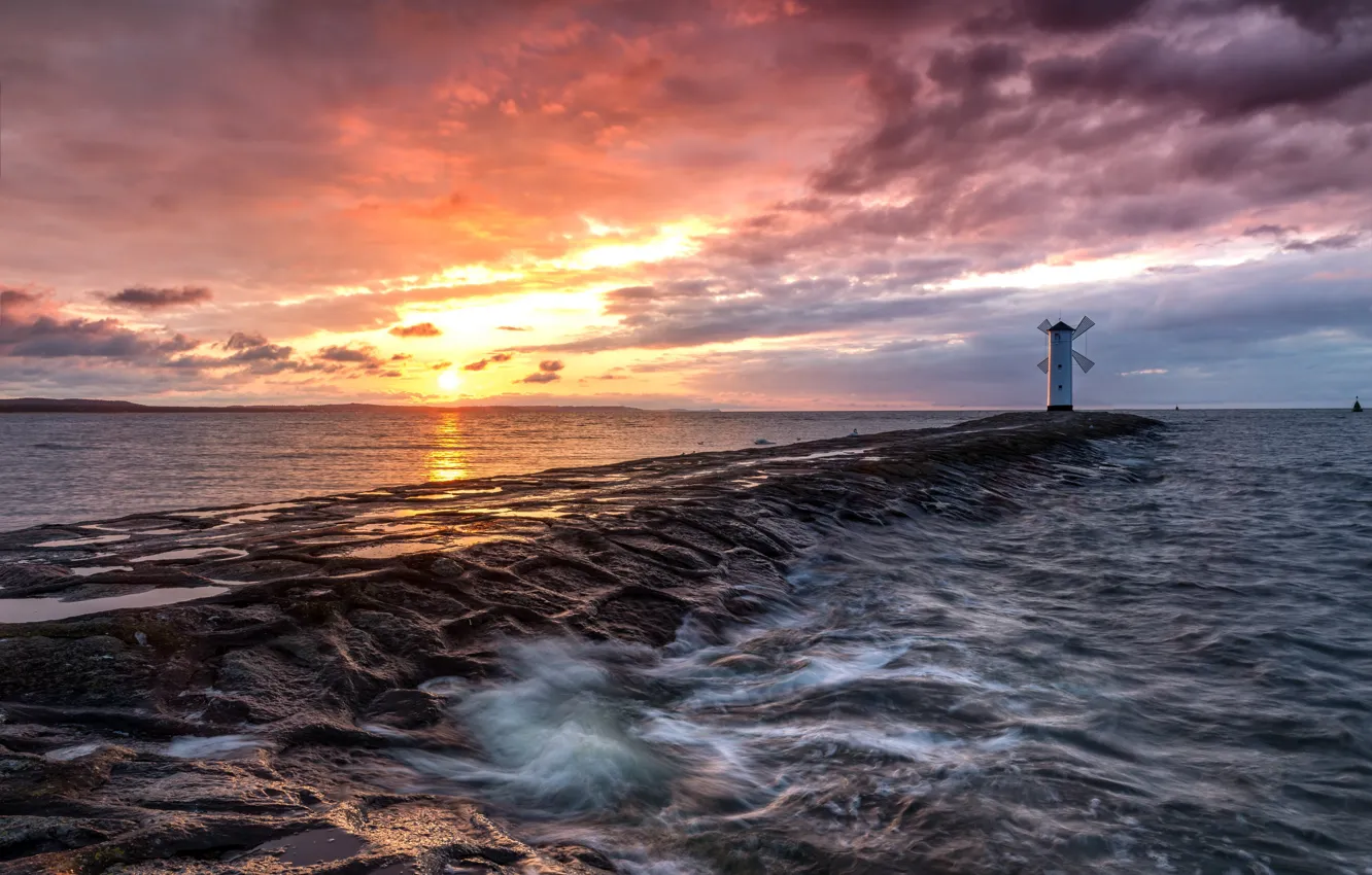 Фото обои море, закат, маяк, Ostsee Sunset