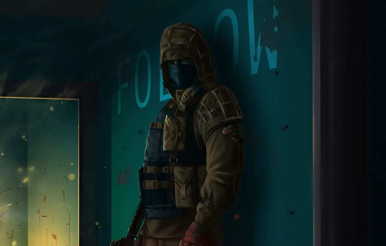 Фото обои маска, куртка, солдат, Tom Clancy's Rainbow Six: Siege, тёмное помещение
