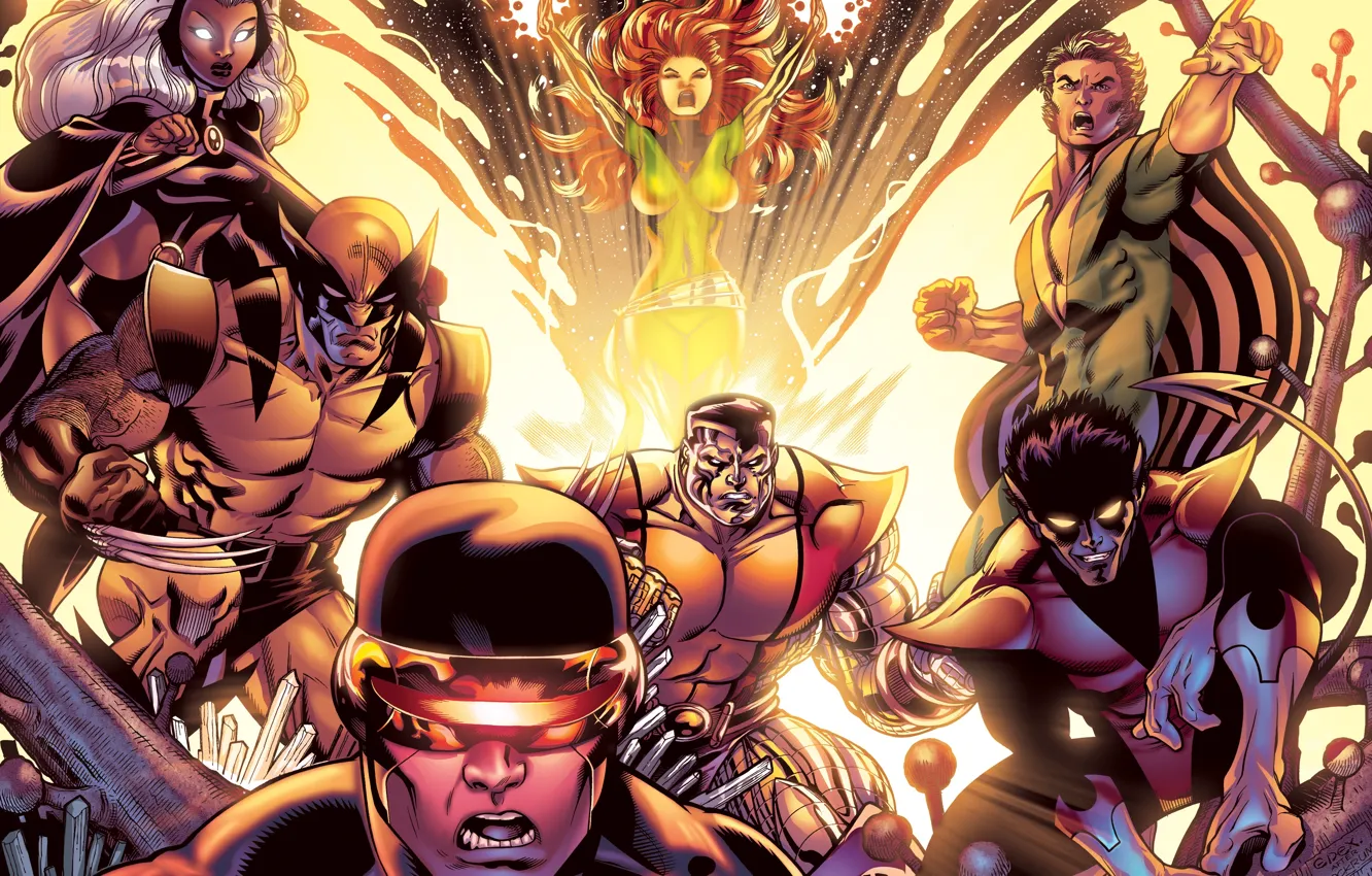 Фото обои storm, люди икс, X-Men, wolverine, colossus, cyclops, nightcrawler, fenix