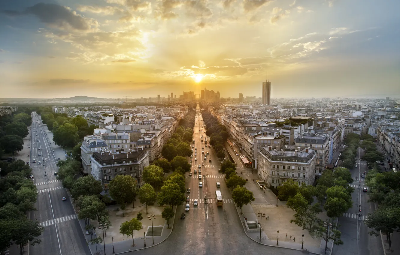 Фото обои закат, город, улица, Париж, здания, Paris, France