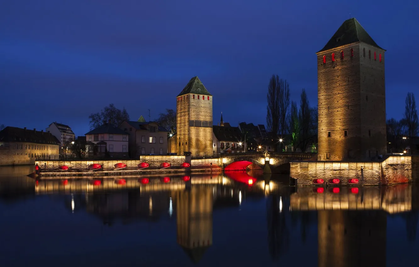 Фото обои ночь, мост, огни, река, Франция, башня, дома, канал