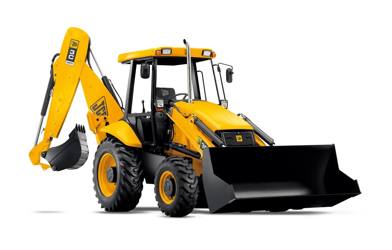 Фото обои белый фон, JCB, экскаватор-погрузчик, 3C 14FT