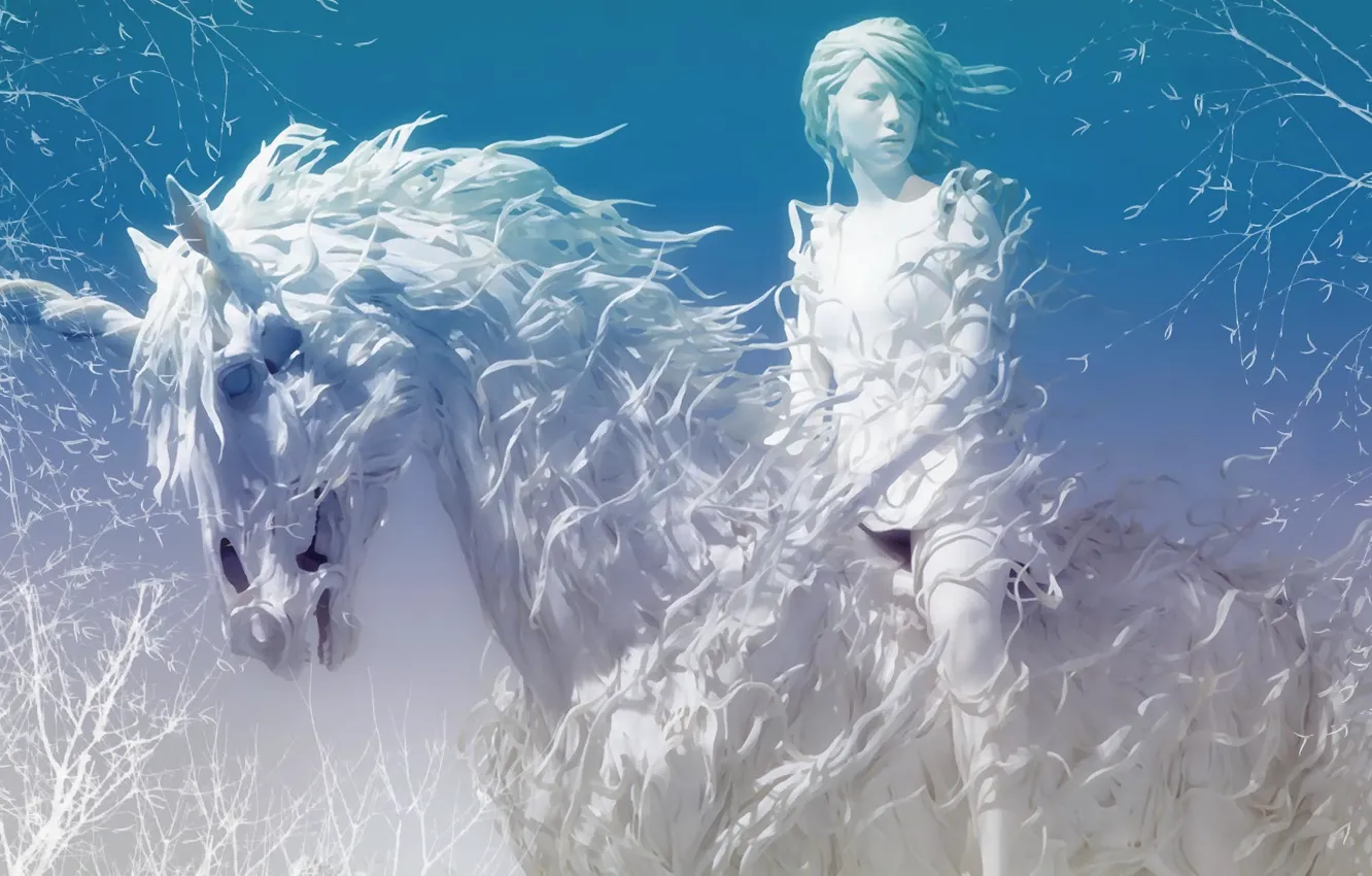 Фото обои зима, белый, конь, Амазонка