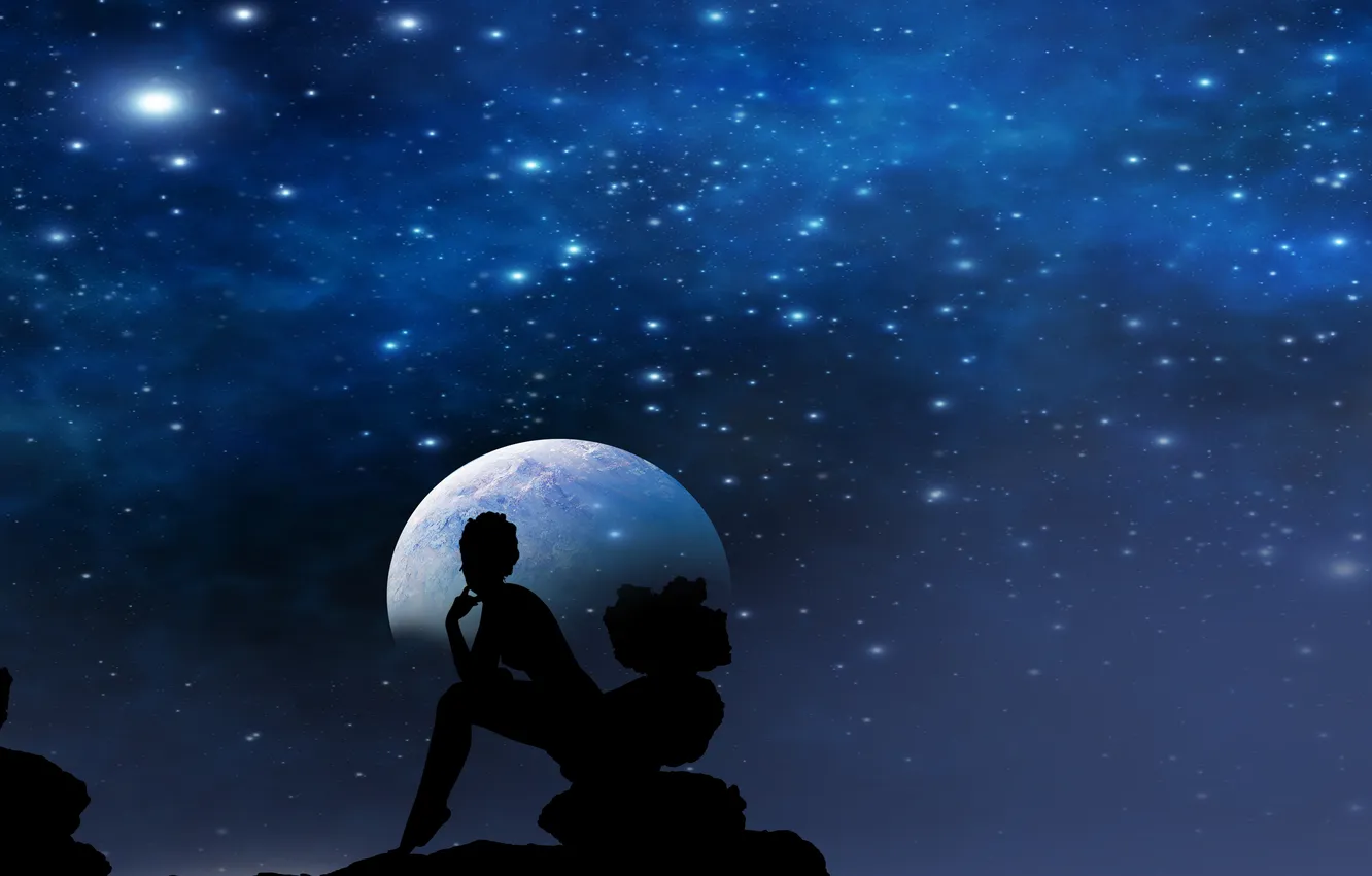 Фото обои moon, stars, silhouette of a girl