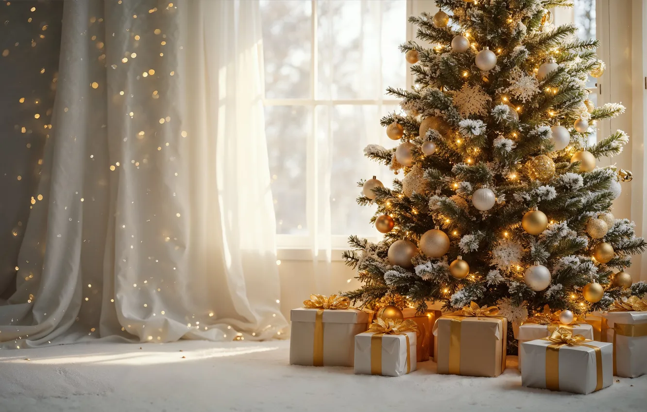Фото обои украшения, комната, елка, интерьер, Рождество, подарки, Новый год, Christmas