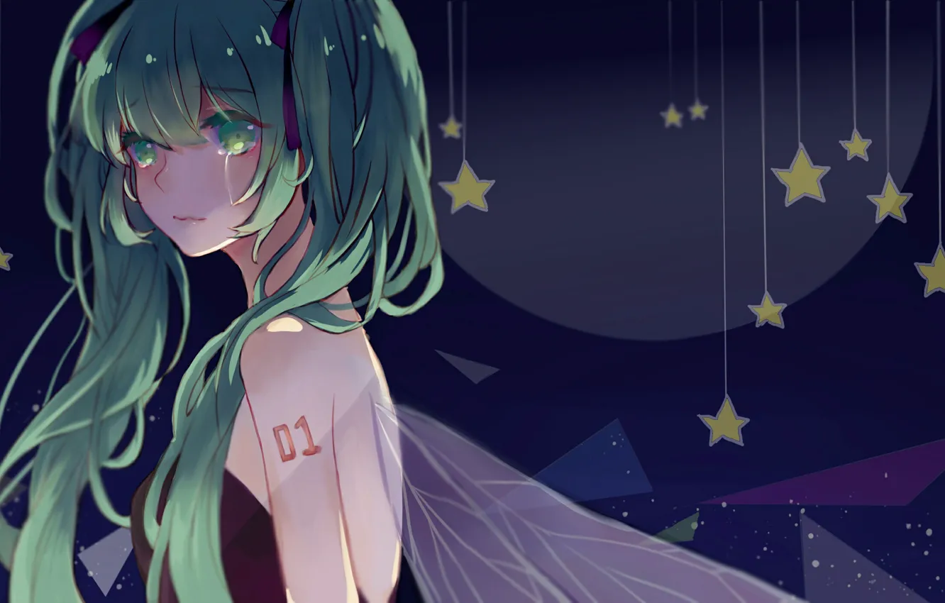 Фото обои осколки, Луна, vocaloid, Hatsune Miku, звездочки, длинные волосы, вокалоид, слёзы