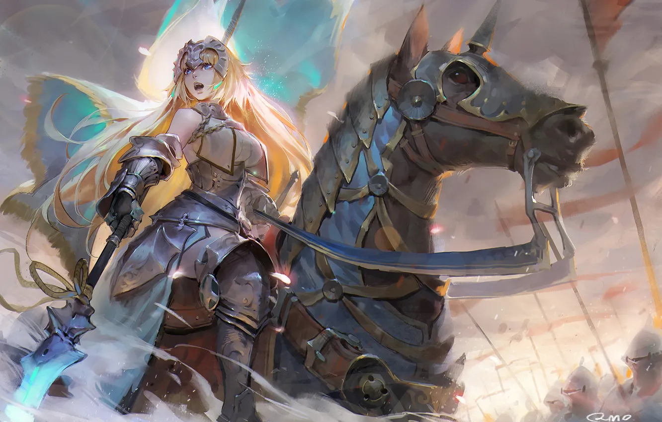 Фото обои девушка, оружие, конь, броня, копьё, anime, art, Жанна Д'арк