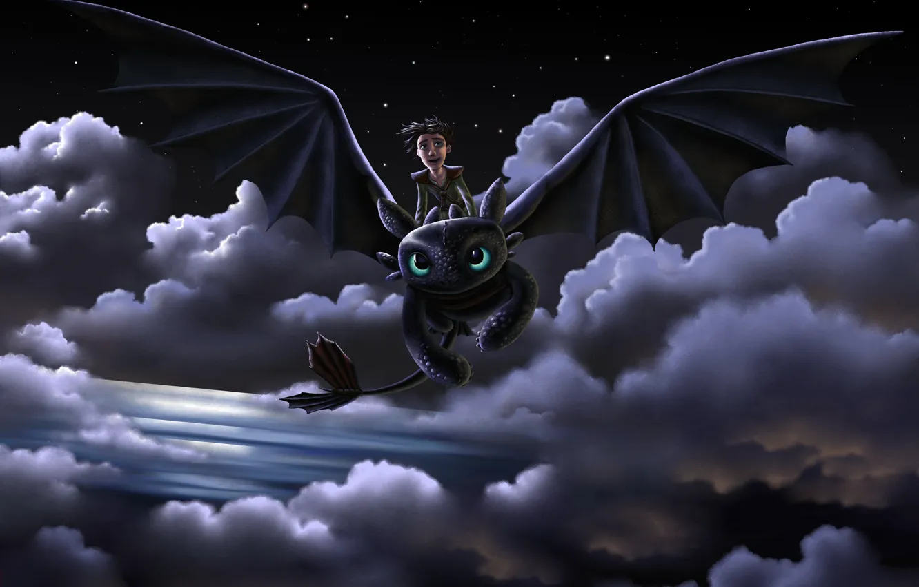 Фото обои полет, радость, ночь, дракон, парень, art, как приручить дракона, беззубик