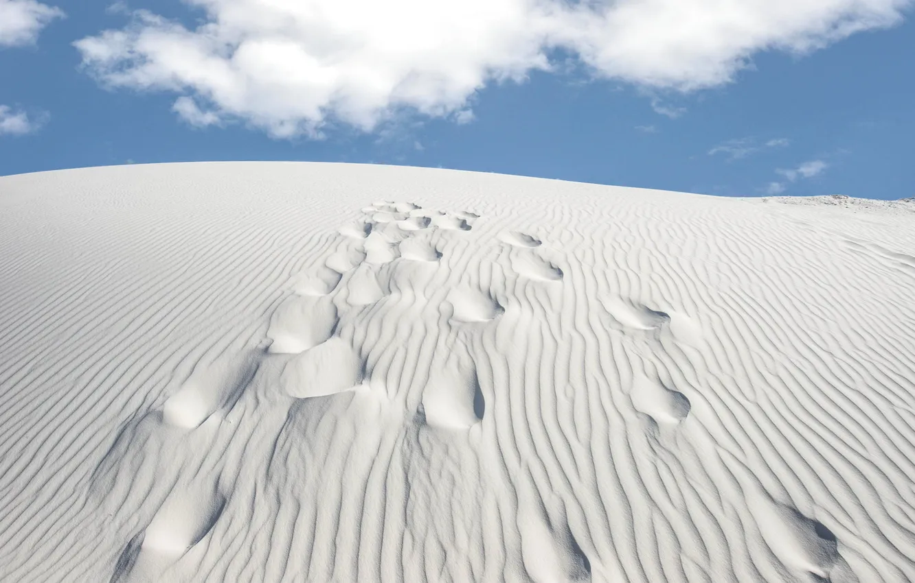 Фото обои песок, небо, облака, следы, пустыня, бархан