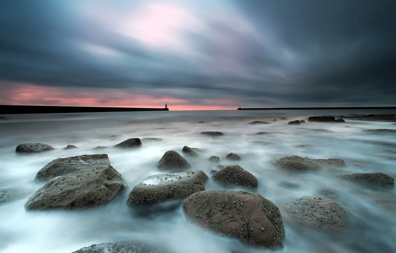 Фото обои море, пейзаж, закат, маяк