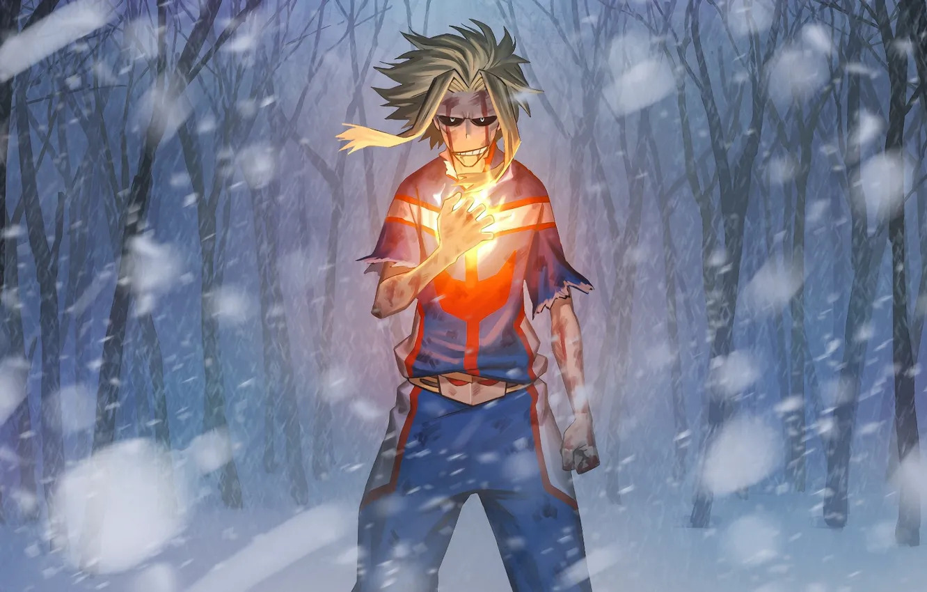 Фото обои зима, снег, парень, Всемогущий, Boku No Hero Academia, Моя геройская акадеимя