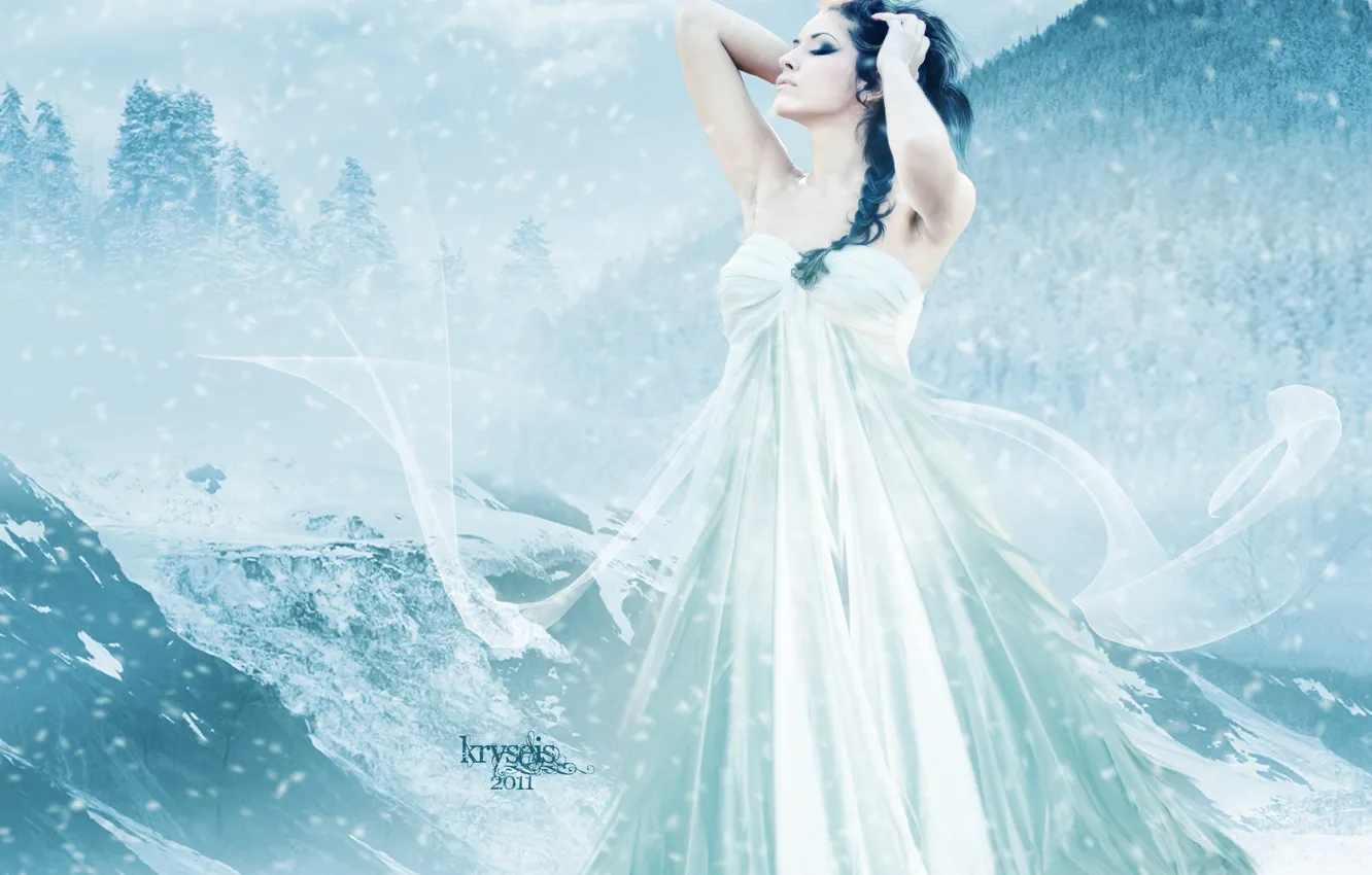 Фото обои холод, зима, небо, девушка, снег, горы, лицо, волосы