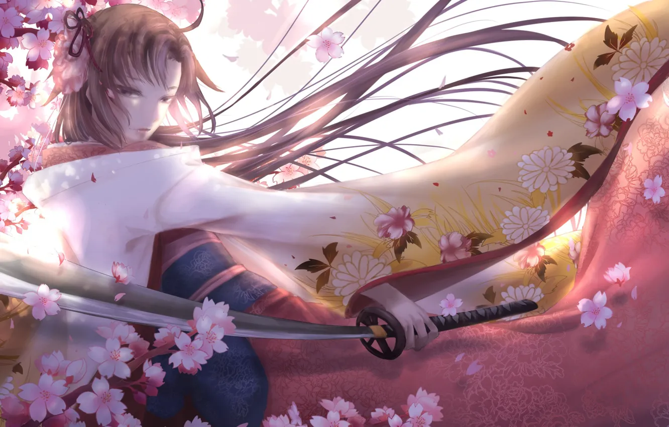 Фото обои девушка, цветы, меч, аниме, арт, kara no kyoukai, ryougi shiki, fate/grand order